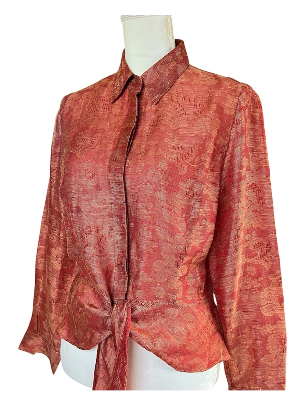 Lafayette 148 Red Silk and Linen Floral Jacquard Tie Front Blouse Size 8 - Picture 2 of 11